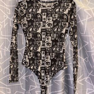 Sheer Black & White "Dream With Open Eyes" Eye Print Long Sleeve Bodysuit